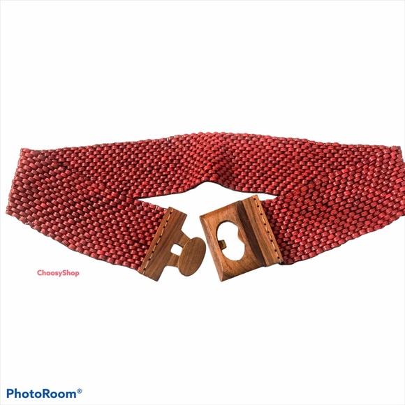 Beaded Stretch Belt Dark Red Interlocking Buckle - Picture 12 of 12